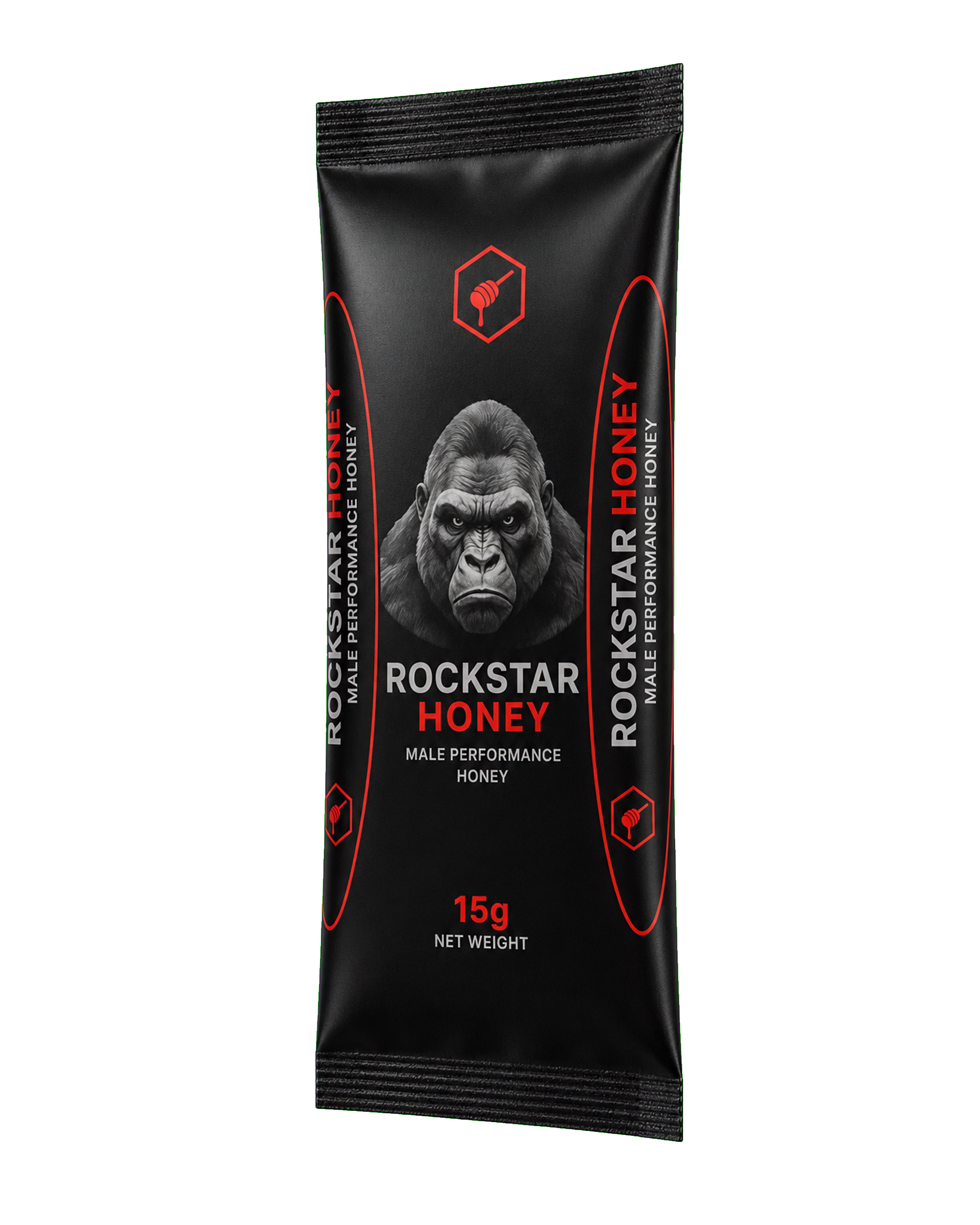 Sachet de ROCKSTAR HONEY, honey para el rendimiento masculino, packaging negro y rojo